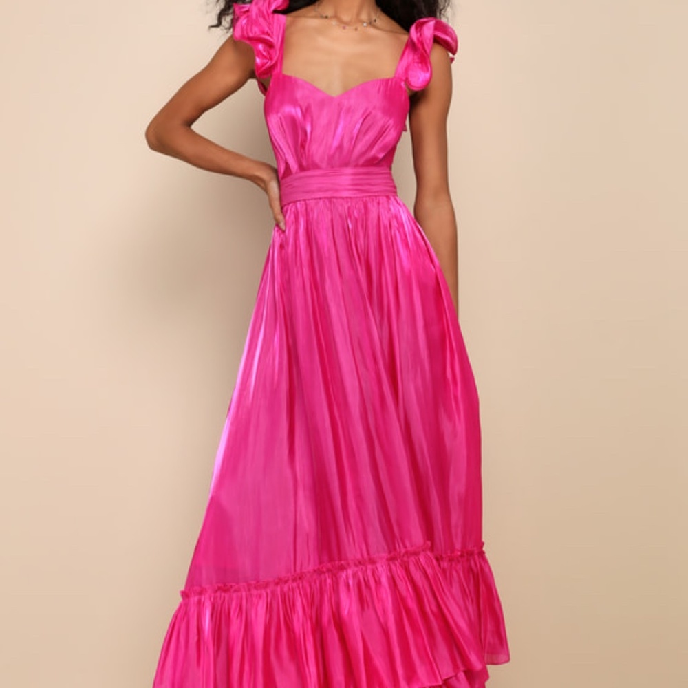 Lulus Pristine Glow Magenta Pink Ruffled Tie-back Maxi Dress - Size M
